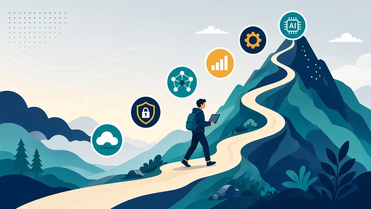 IT certification badges for cloud, security, networking and data arranged along a career path