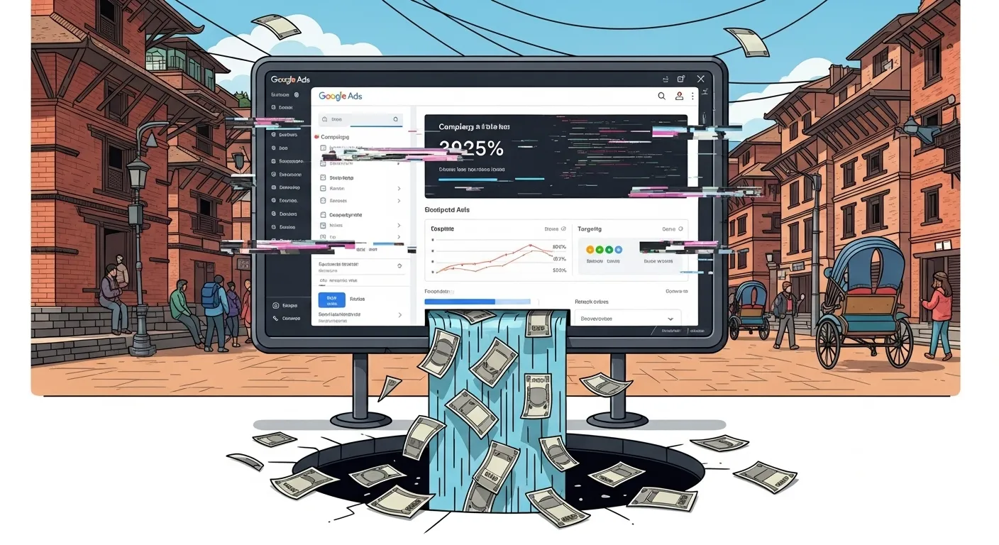 Nepali rupee notes draining from a malfunctioning digital ad interface, symbolizing wasted Google Ads spend and PPC problems in Nepal.