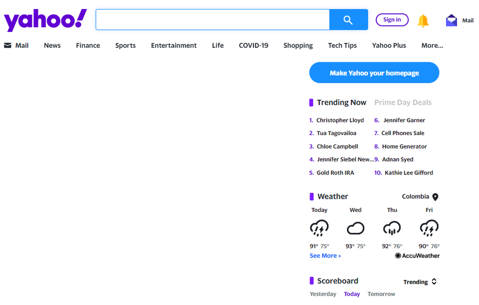 Yahoo! homepage in 2019 showing search, news, Mail and Shopping