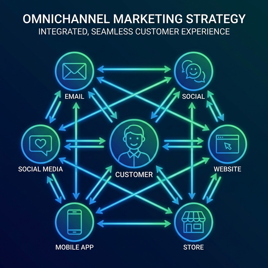 Omnichannel diagram showing customer in center with interconnected channels