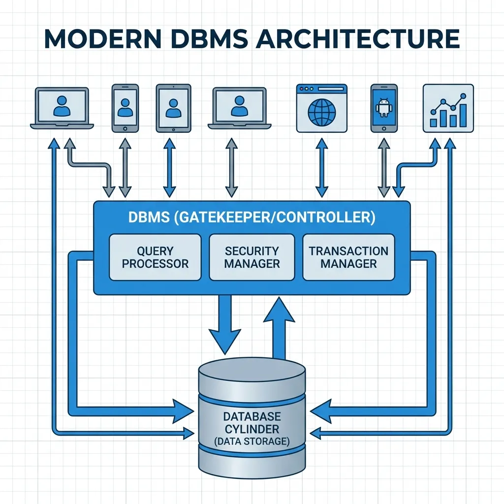 A diagram showing Users and Applications interacting with a DBMS, which then interacts with the physical Database. The DBMS acts as a central controller.