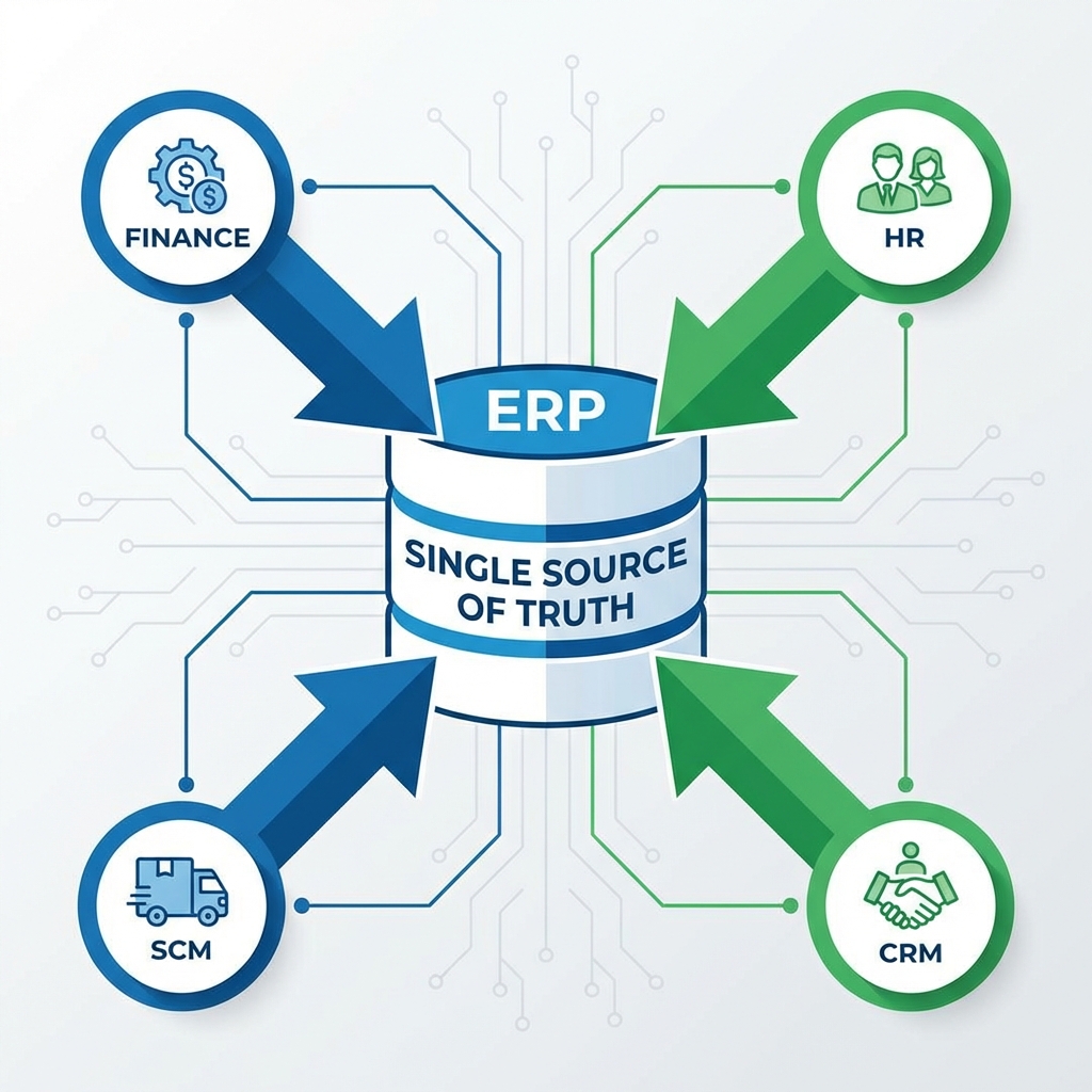A diagram showing a central database labeled 'Single Source of Truth' with arrows pointing to it from various business modules like Finance, HR, SCM, and CRM.