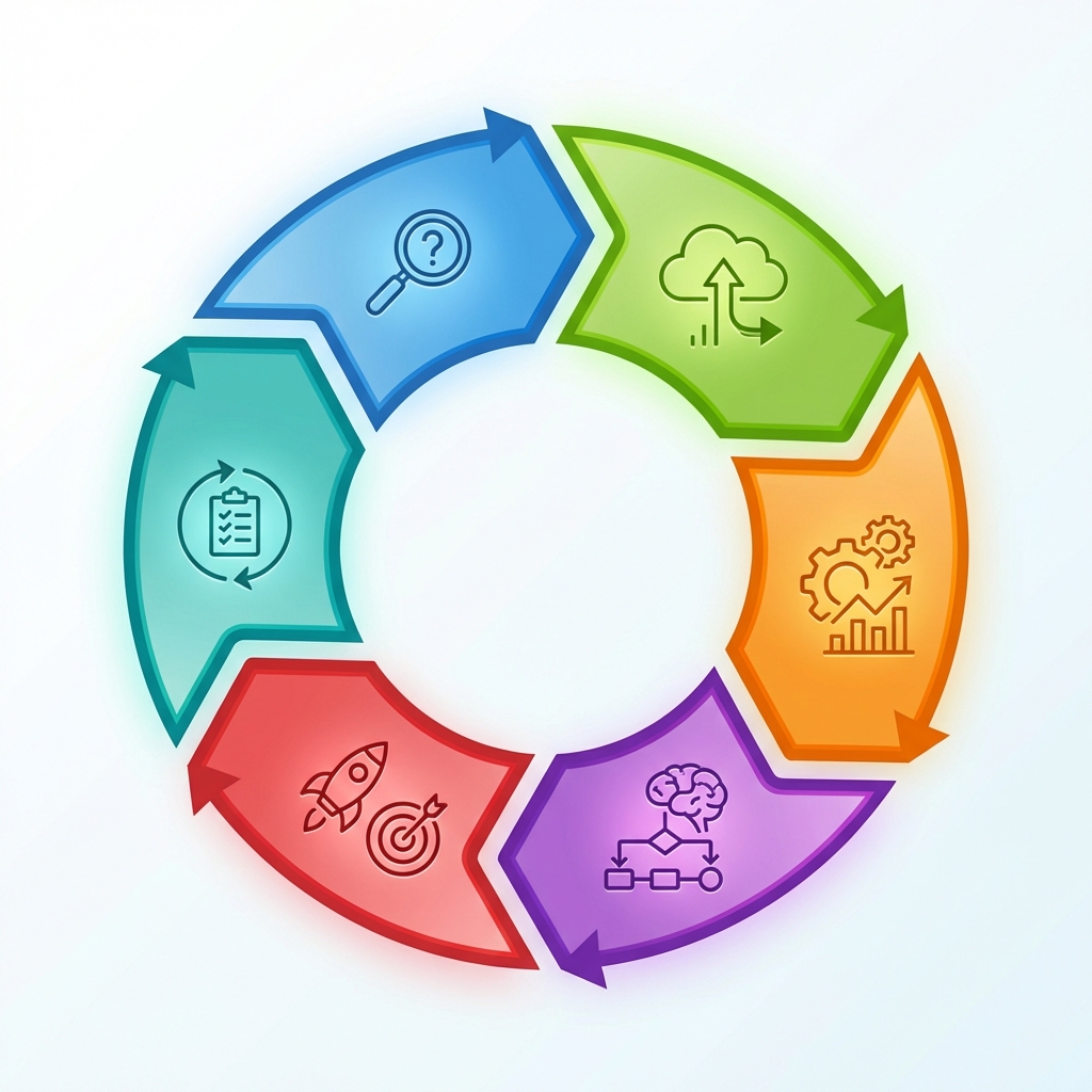 Diagram of the 6 phases of the Business Analytics Process in a cycle.